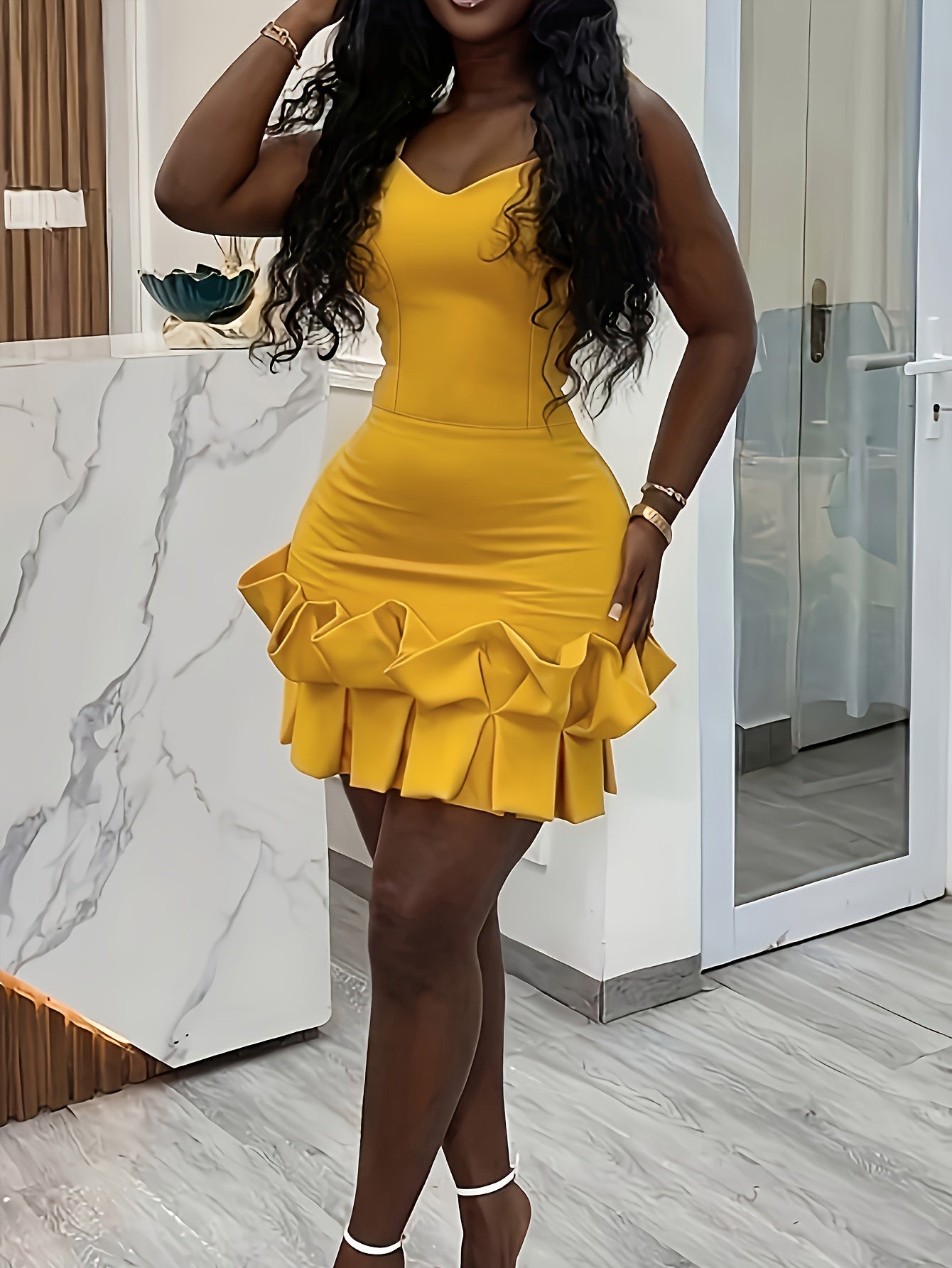 Plus Size, Women's Elegant Party dress - Sleeveless V-Neck Formal gown, Bright Mustard-Yellow, Machine Washable Evening & Cocktail dress for Women, Dresses for Party, Night Out Outfit, Ruffled Hem, Comfortable Fit, Fashion Lo - She Vibess By C2P