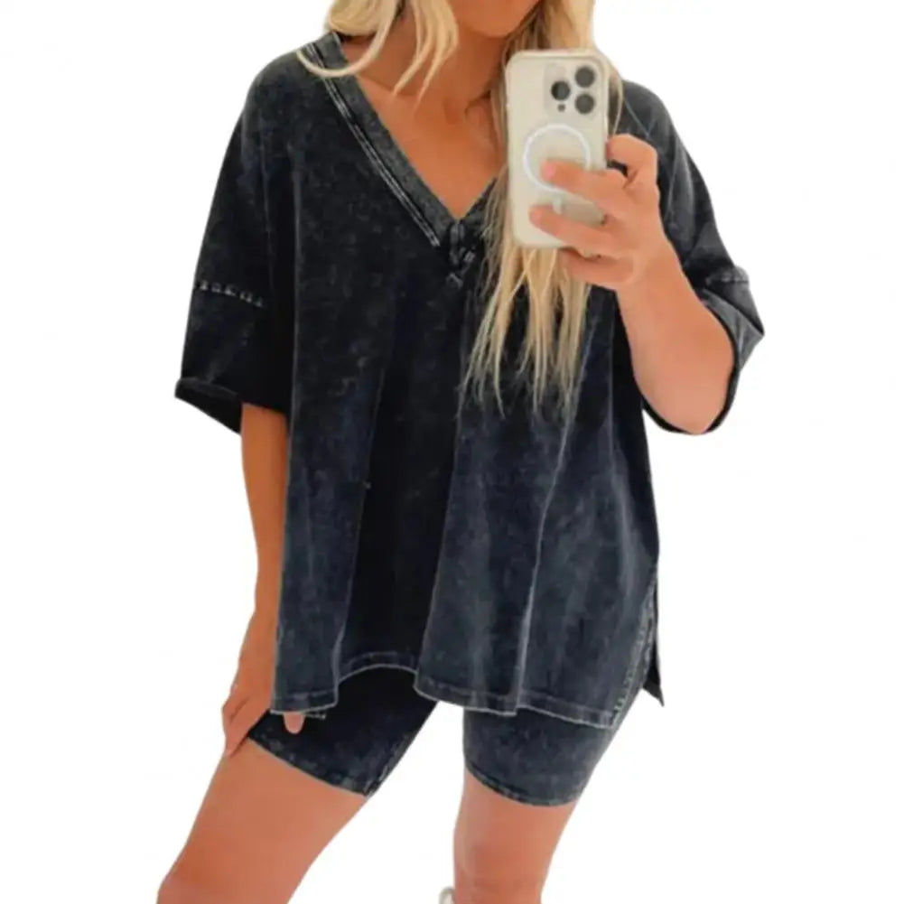 2 Pcs/Set Women Summer Sportswear Set Side Split Short Sleeves T-Shirt Elastic Waist Mini Pants Set Tracksuit Sport Clothes