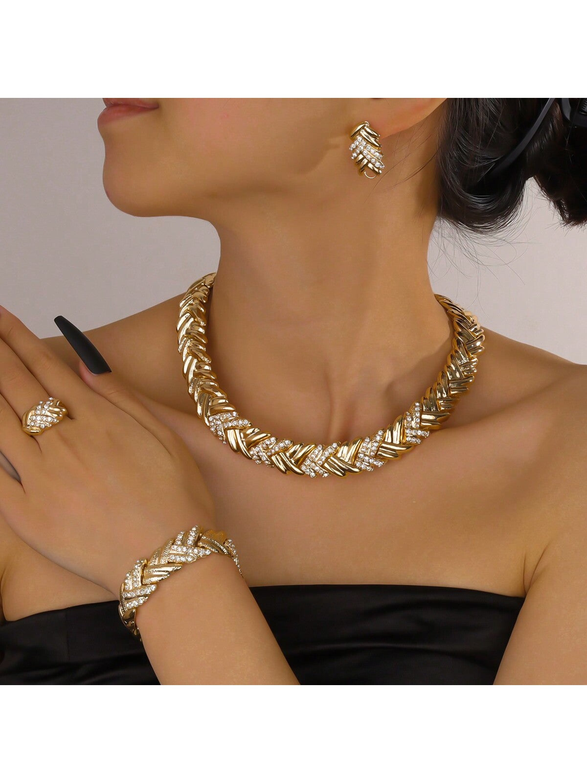 Fashion 18k Gold Plated Jewelry Set Dubai African Choker Necklace Earrings Rings Wedding Bridal Jewelry Sets for Women