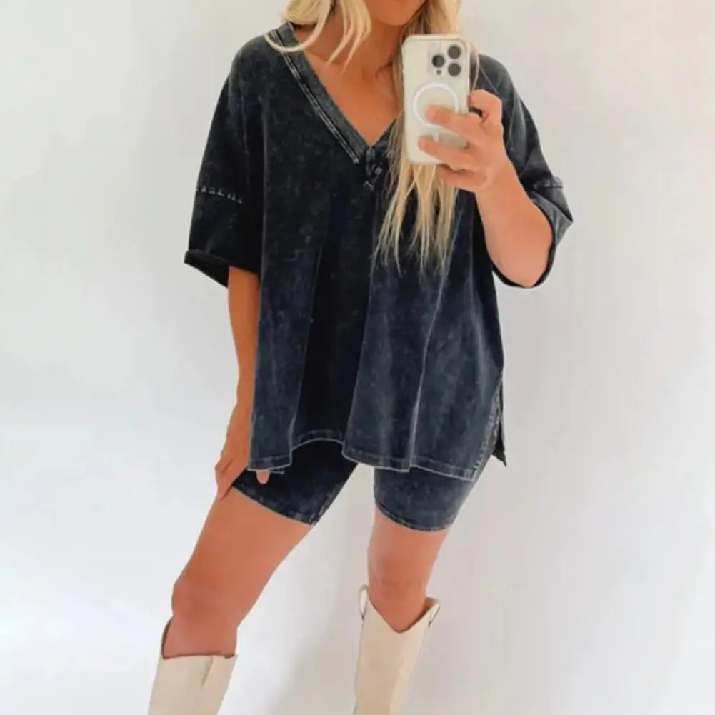 2 Pcs/Set Women Summer Sportswear Set Side Split Short Sleeves T-Shirt Elastic Waist Mini Pants Set Tracksuit Sport Clothes