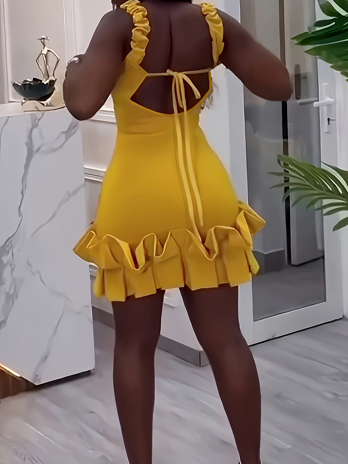 Plus Size, Women's Elegant Party dress - Sleeveless V-Neck Formal gown, Bright Mustard-Yellow, Machine Washable Evening & Cocktail dress for Women, Dresses for Party, Night Out Outfit, Ruffled Hem, Comfortable Fit, Fashion Lo - She Vibess By C2P