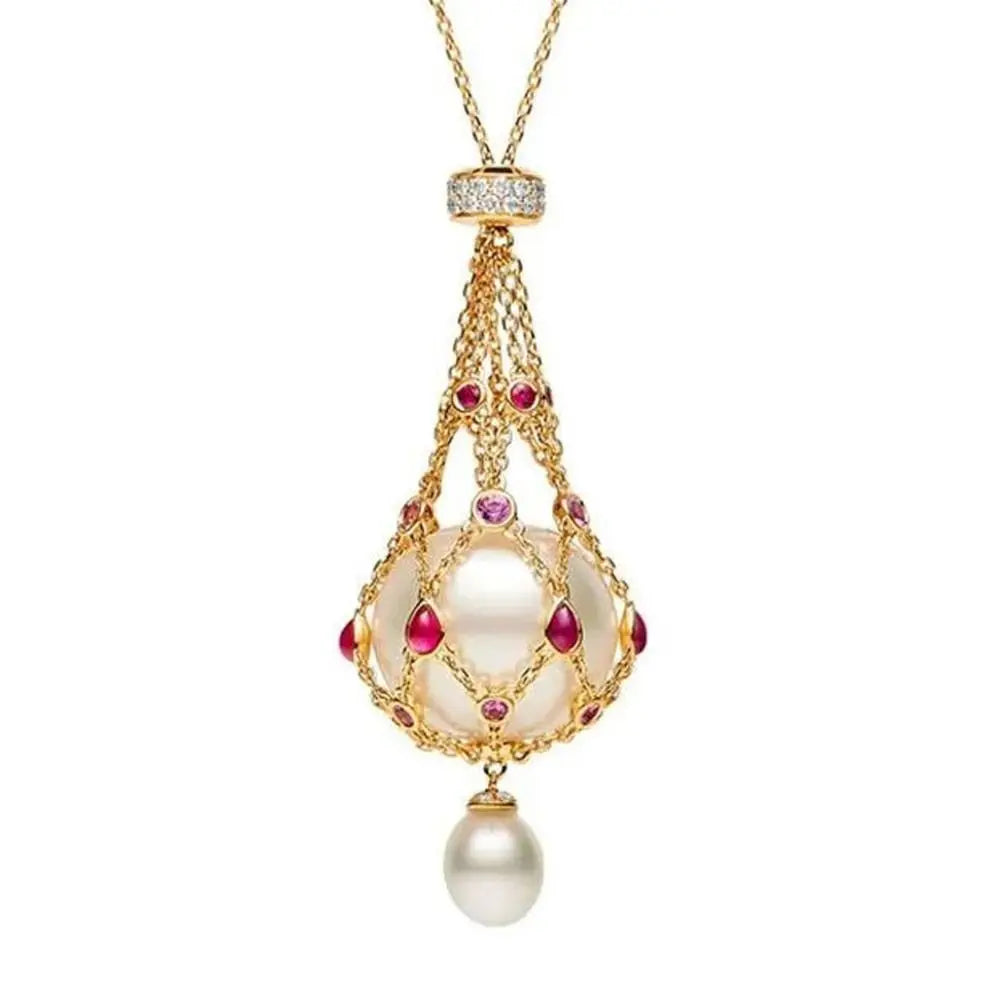 Women Exquisite Pearl Gemstone Lavalier Pendant Elegant Pearl Pendant Necklaces Natural Pearl Metal Braided Mesh Necklace