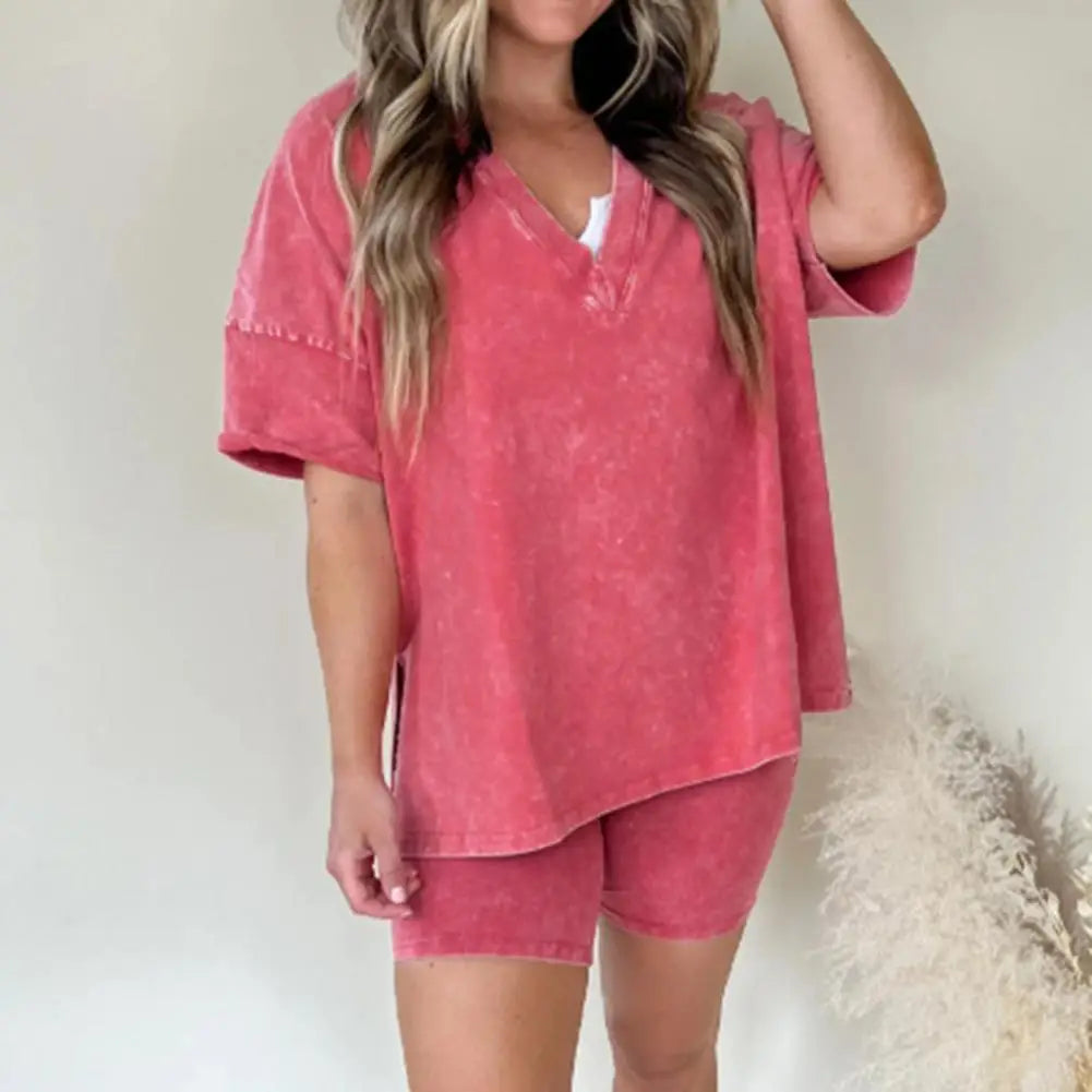 2 Pcs/Set Women Summer Sportswear Set Side Split Short Sleeves T-Shirt Elastic Waist Mini Pants Set Tracksuit Sport Clothes