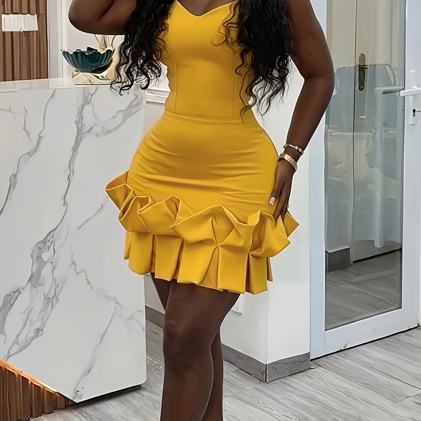 Plus Size, Women's Elegant Party dress - Sleeveless V-Neck Formal gown, Bright Mustard-Yellow, Machine Washable Evening & Cocktail dress for Women, Dresses for Party, Night Out Outfit, Ruffled Hem, Comfortable Fit, Fashion Lo - She Vibess By C2P