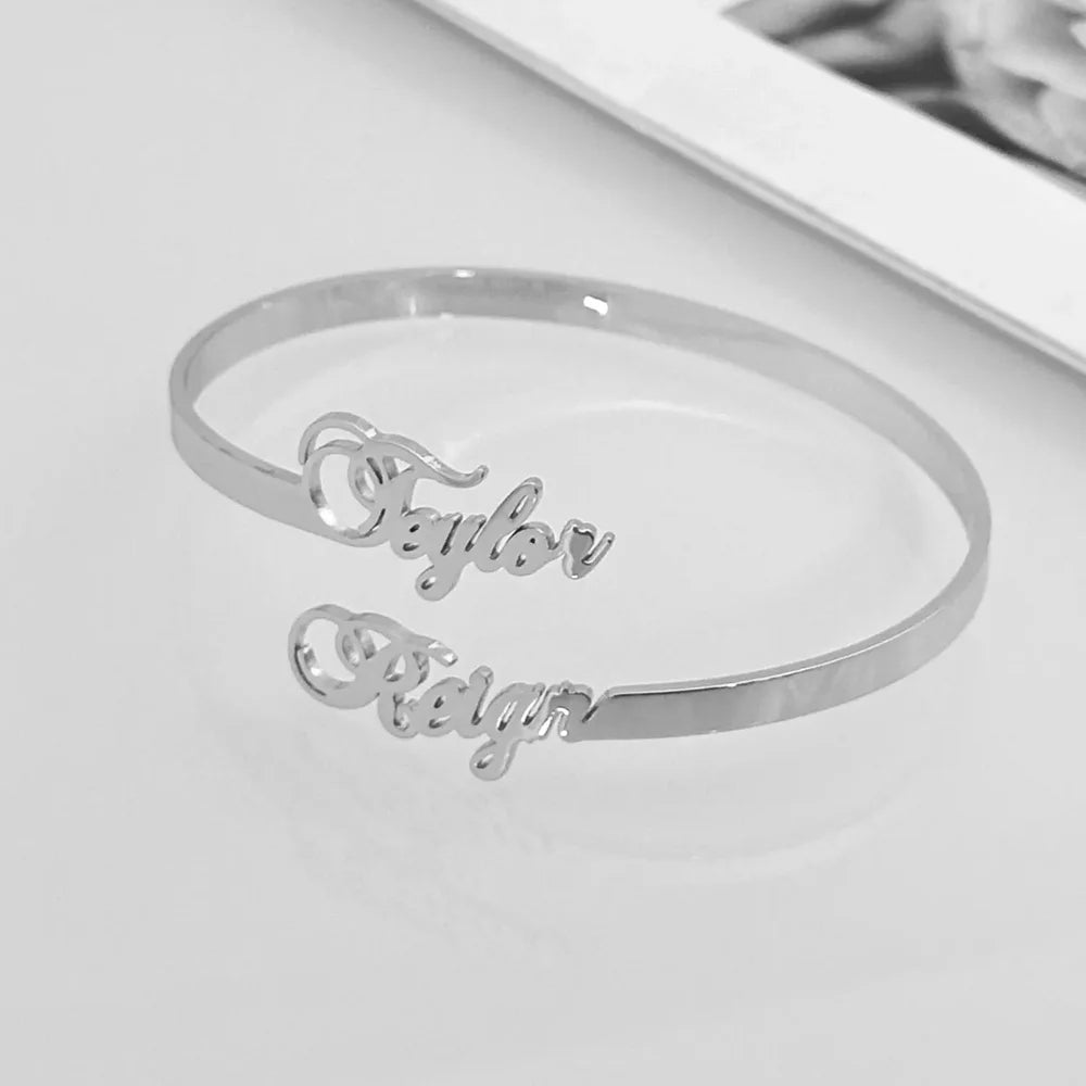 Custom Two Name Cuff Bangle Bracelet Personalized Double Names Couple Gold Color Stainless Steel Jewelry Dainty Bridesmaid Gift - She Vibess By C2P