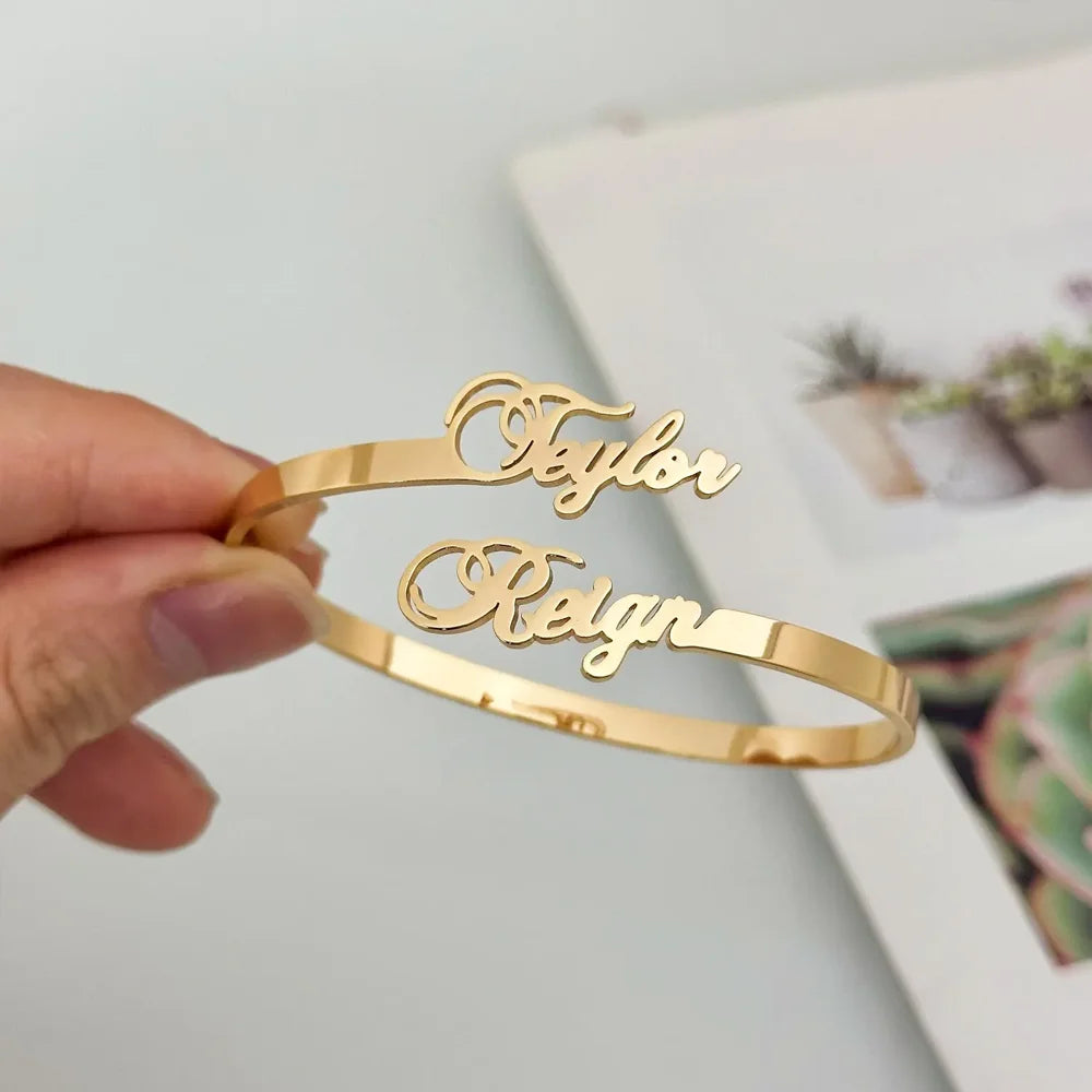 Custom Two Name Cuff Bangle Bracelet Personalized Double Names Couple Gold Color Stainless Steel Jewelry Dainty Bridesmaid Gift - She Vibess By C2P