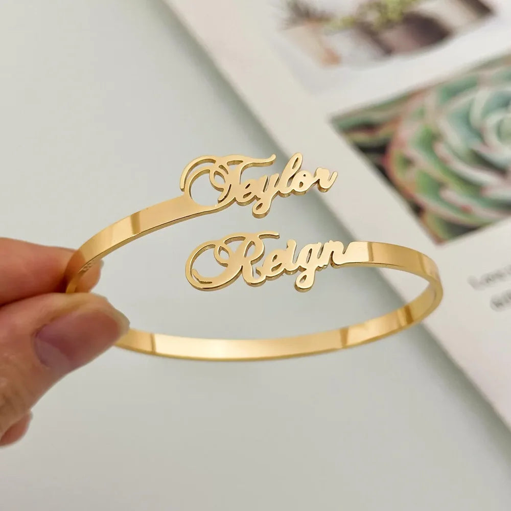 Custom Two Name Cuff Bangle Bracelet Personalized Double Names Couple Gold Color Stainless Steel Jewelry Dainty Bridesmaid Gift - She Vibess By C2P