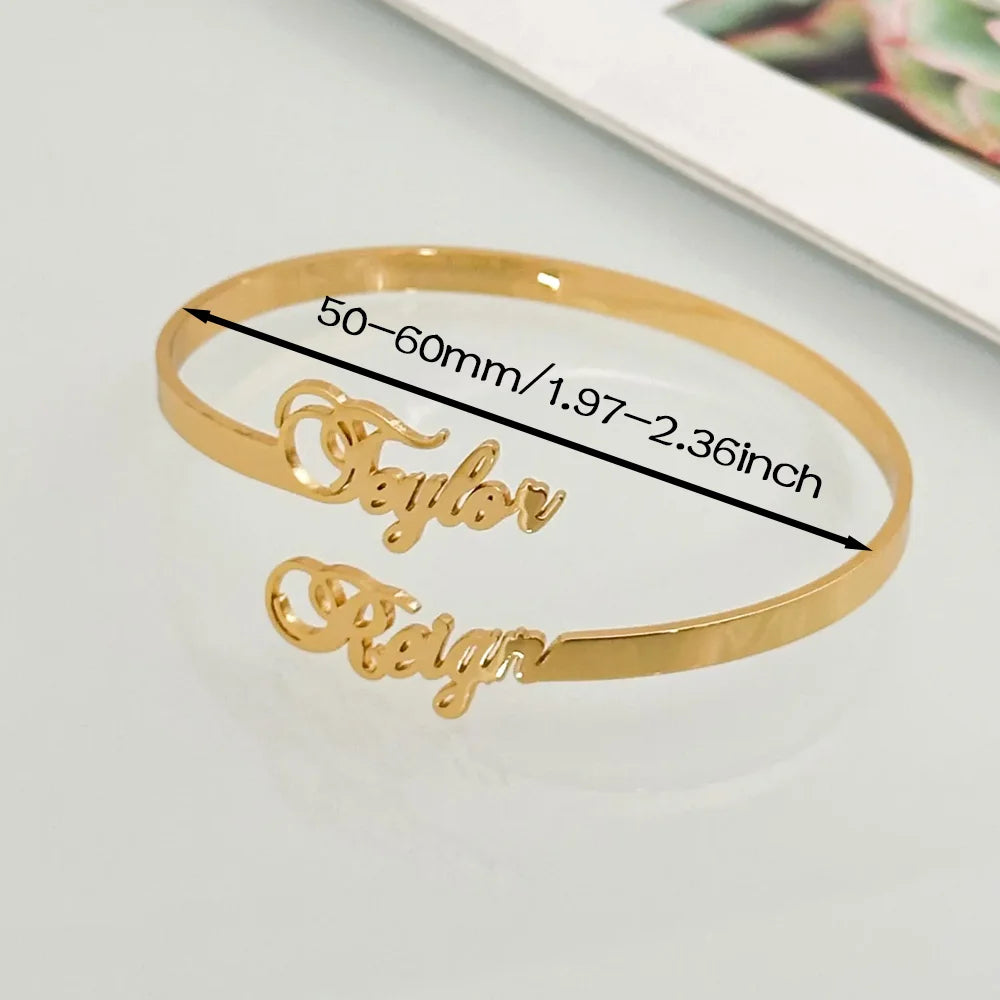 Custom Two Name Cuff Bangle Bracelet Personalized Double Names Couple Gold Color Stainless Steel Jewelry Dainty Bridesmaid Gift - She Vibess By C2P