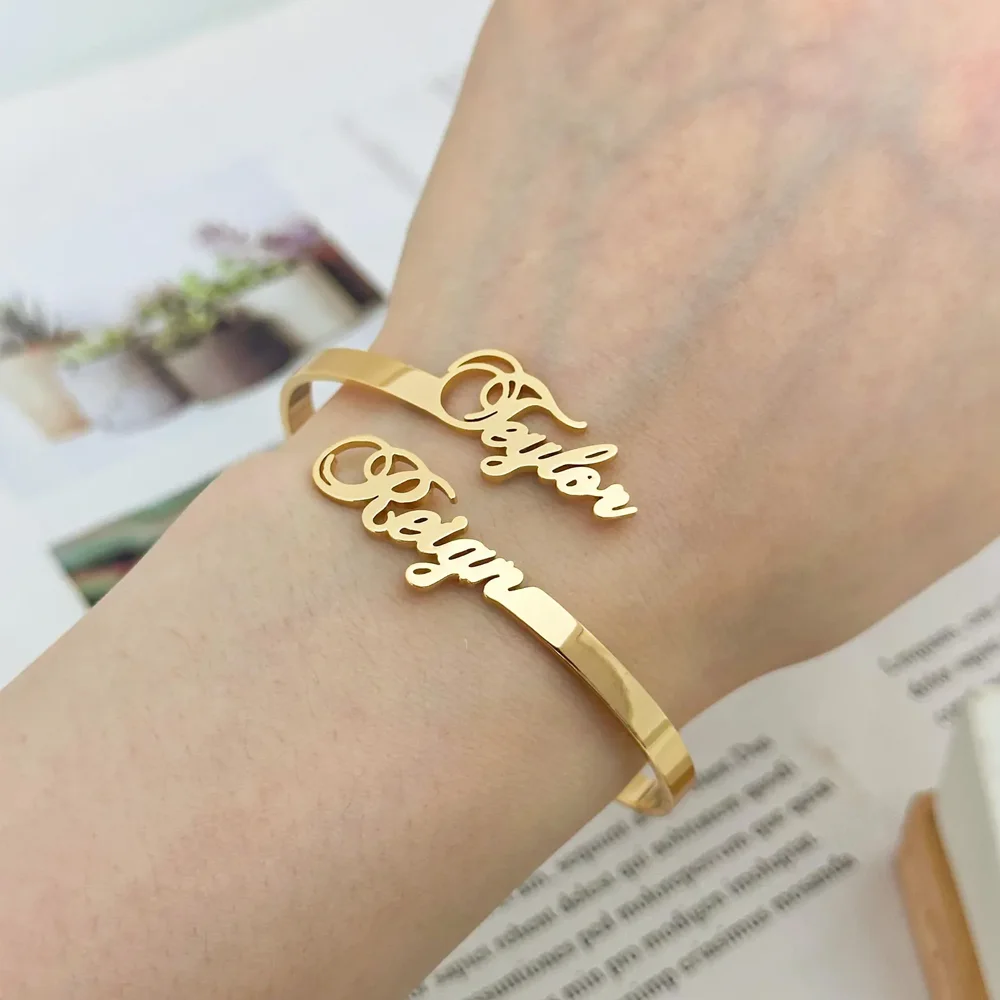 Custom Two Name Cuff Bangle Bracelet Personalized Double Names Couple Gold Color Stainless Steel Jewelry Dainty Bridesmaid Gift - She Vibess By C2P