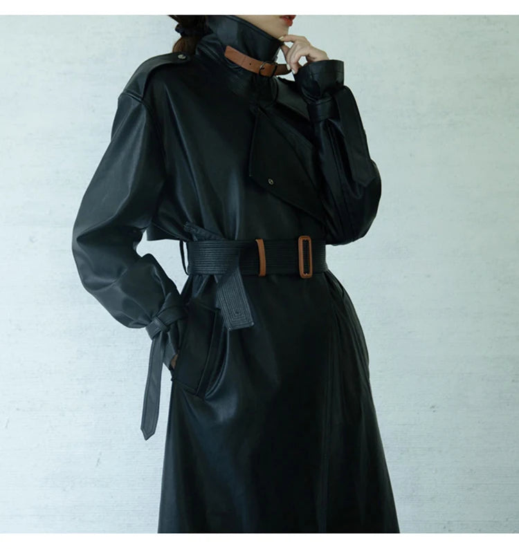 Lautaro Spring Autumn Oversized Cool Black Long Leather Trench Coat for Women Belt Long Sleeve Loose European Fashion 2021 2022 - She Vibess By C2P