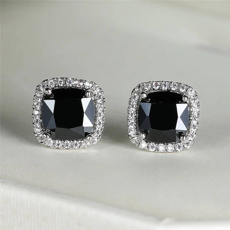 Cute Female's Jewelry Crystal Black Stone Earrings Charm Silver Color Stud Earrings Luxury Square Wedding Earrings For Women - She Vibess By C2P
