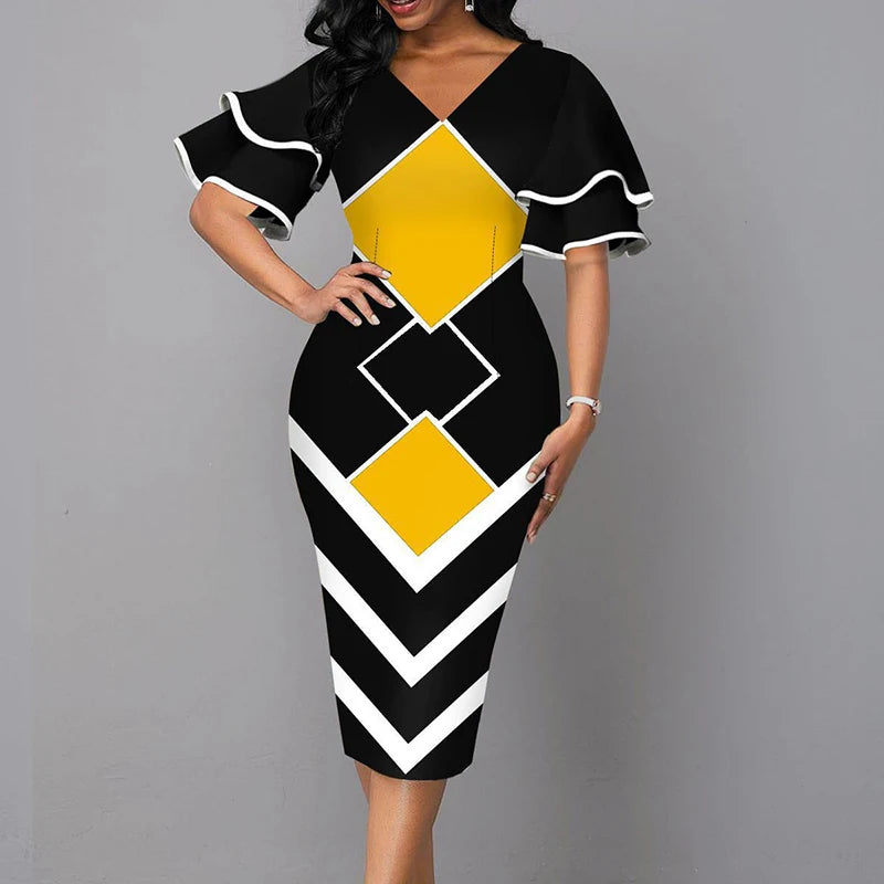 Elegant Women Dress 2021 Summer Fashion V Neck Short Sleeve Sexy Slim Dress Vintage Patchwork Casual Lady Party Dresses Vestido - She Vibess By C2P