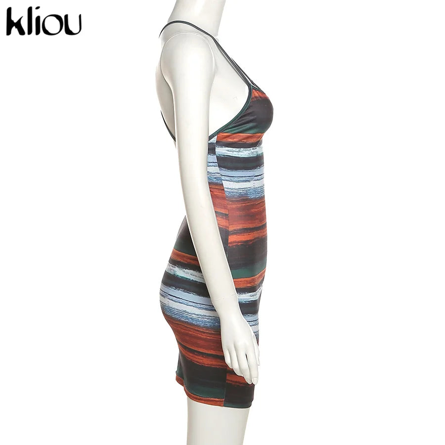 Kliou Panelled Striped Mini Dresses Aesthetic Women Sexy Skinny Slash Neck Camisole Backless Vintage Midnight Clubwear Outfits - She Vibess By C2P