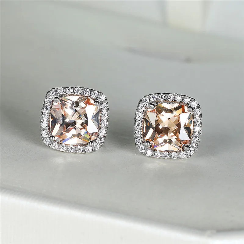 Cute Female's Jewelry Crystal Black Stone Earrings Charm Silver Color Stud Earrings Luxury Square Wedding Earrings For Women - She Vibess By C2P