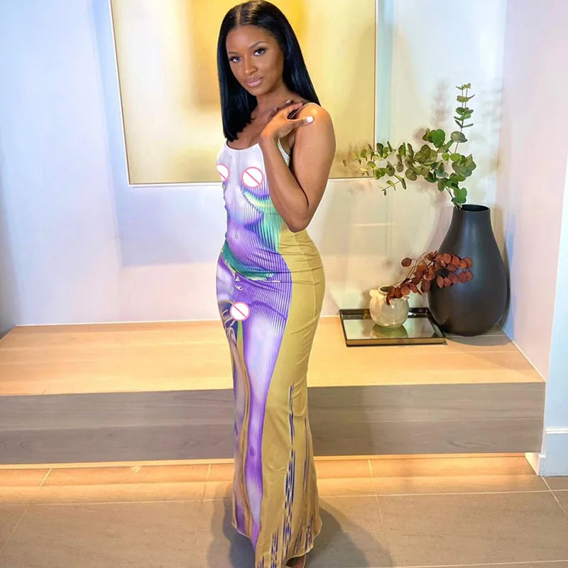 Wholesale Summer Sleeveless Backless Midi Dress Tie Dye Casual Bodycon Dresses Women