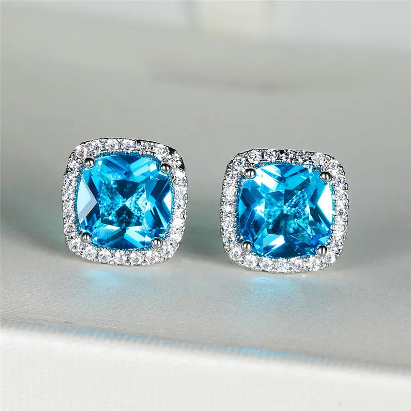 Cute Female's Jewelry Crystal Black Stone Earrings Charm Silver Color Stud Earrings Luxury Square Wedding Earrings For Women - She Vibess By C2P