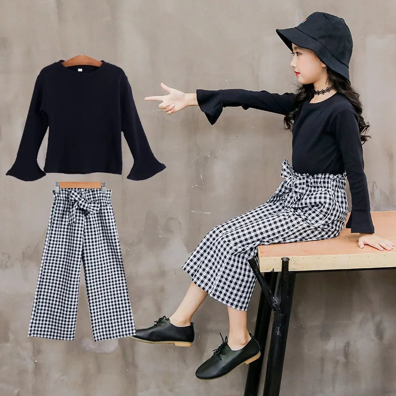 Kids Girls Clothing Sets 2026 Autumn Long Sleeve T-shirts + Plaid Wide Leg Pants 2PCS Children's Clothes Teen 6 8 10 12 14 Years