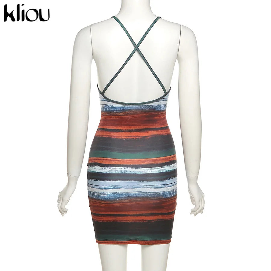 Kliou Panelled Striped Mini Dresses Aesthetic Women Sexy Skinny Slash Neck Camisole Backless Vintage Midnight Clubwear Outfits - She Vibess By C2P