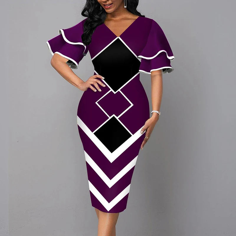 Elegant Women Dress 2021 Summer Fashion V Neck Short Sleeve Sexy Slim Dress Vintage Patchwork Casual Lady Party Dresses Vestido - She Vibess By C2P