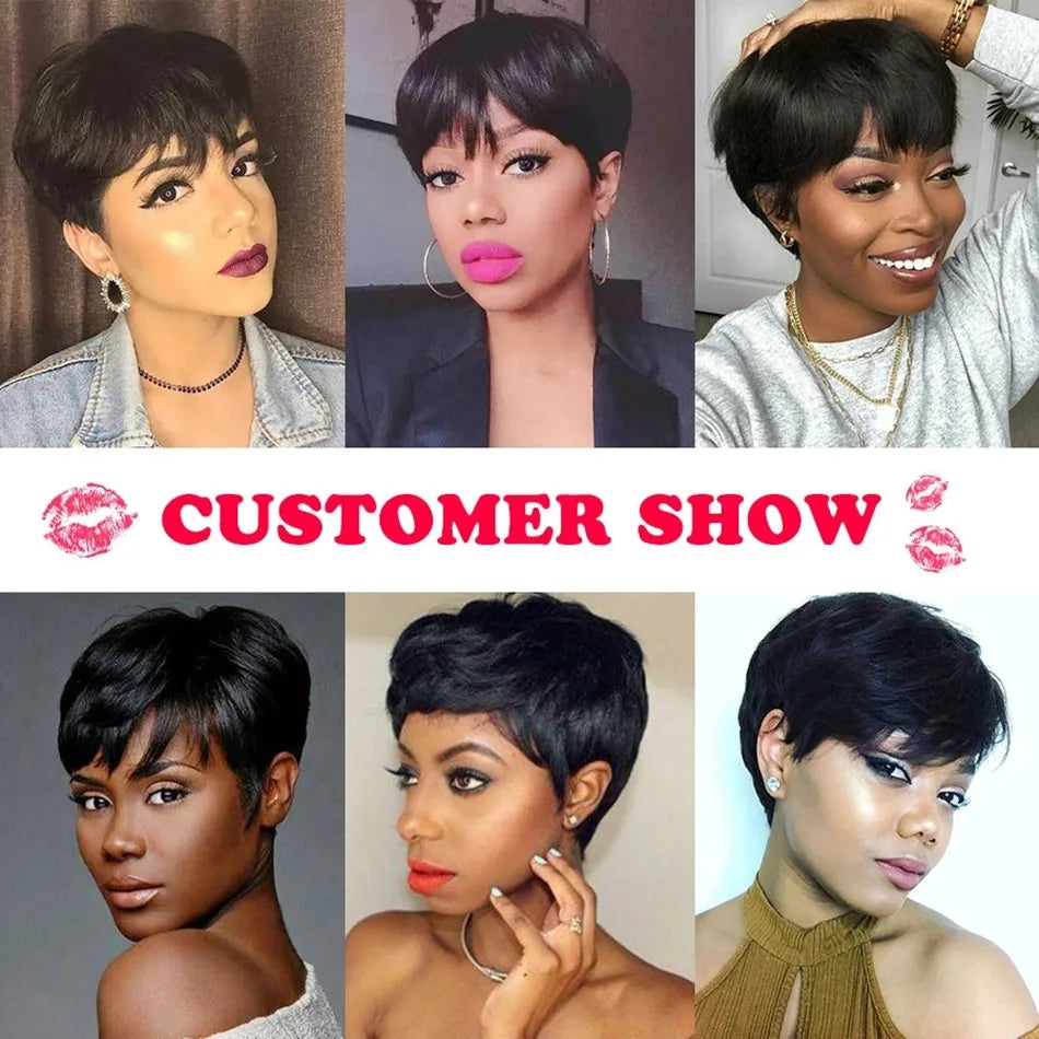 Short Pixie Cut Wig Human Hair For Women Machine Made Wigs With Bangs Brazilian Human Hair Wigs Cheap Pixie Cut WigsOn Sale - She Vibess By C2P