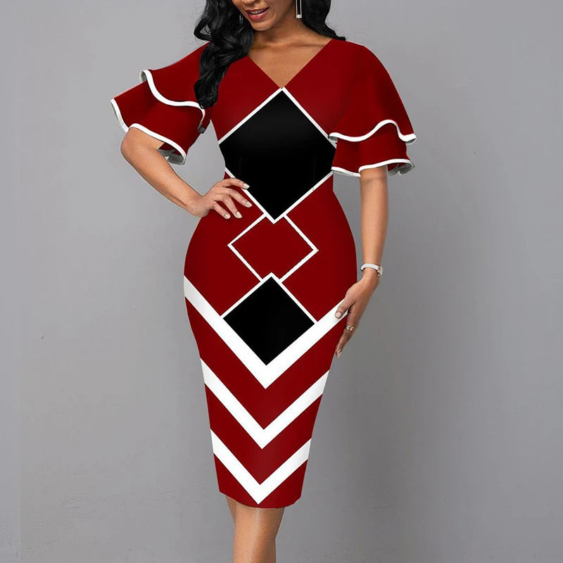 Elegant Women Dress 2021 Summer Fashion V Neck Short Sleeve Sexy Slim Dress Vintage Patchwork Casual Lady Party Dresses Vestido - She Vibess By C2P