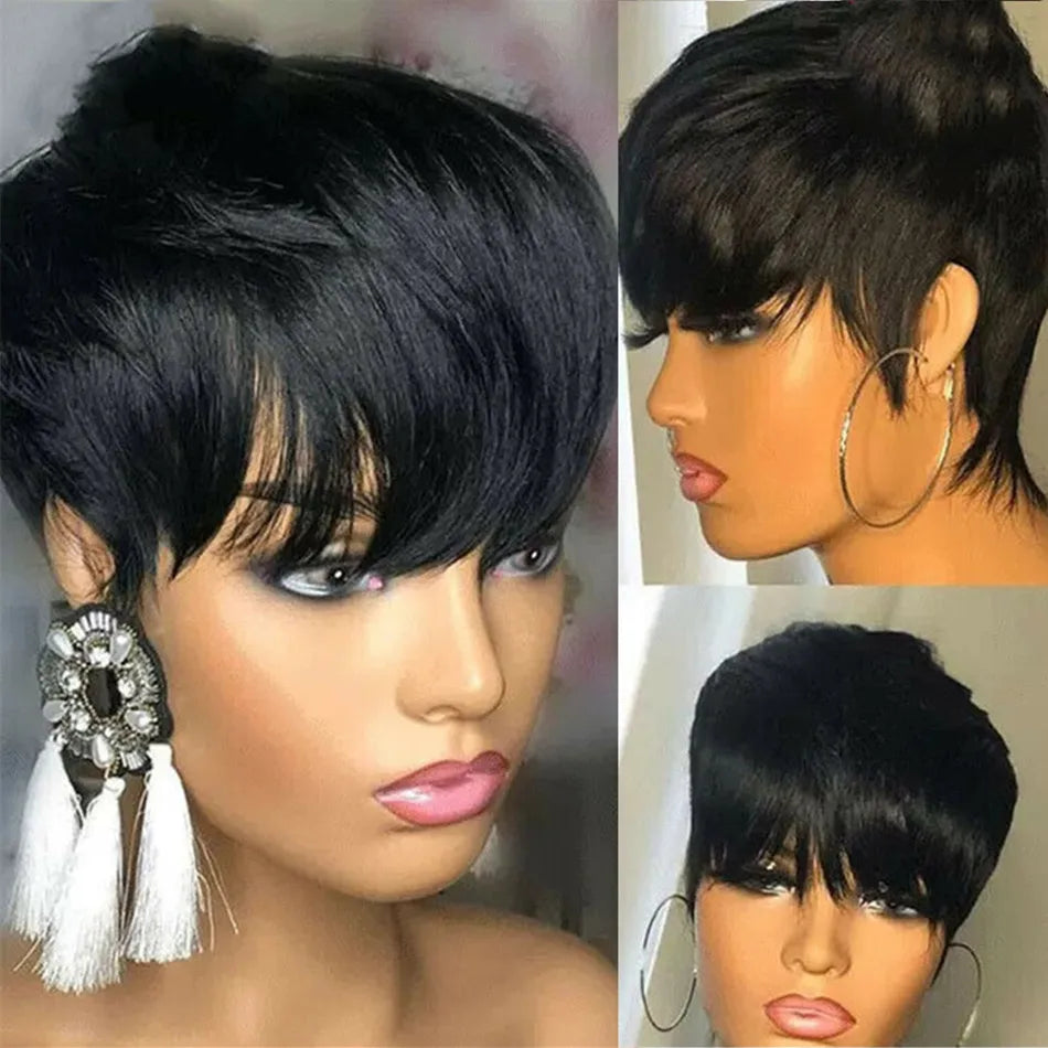 Short Pixie Cut Wig Human Hair For Women Machine Made Wigs With Bangs Brazilian Human Hair Wigs Cheap Pixie Cut WigsOn Sale - She Vibess By C2P