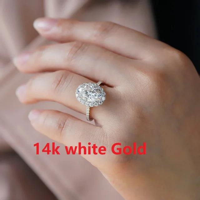 Moissanite Jewelry Ring 8X12mm 4.5 Carat Oval Cut 14K White Gold Halo Rings Engagement Wedding Gift for Woman - She Vibess By C2P