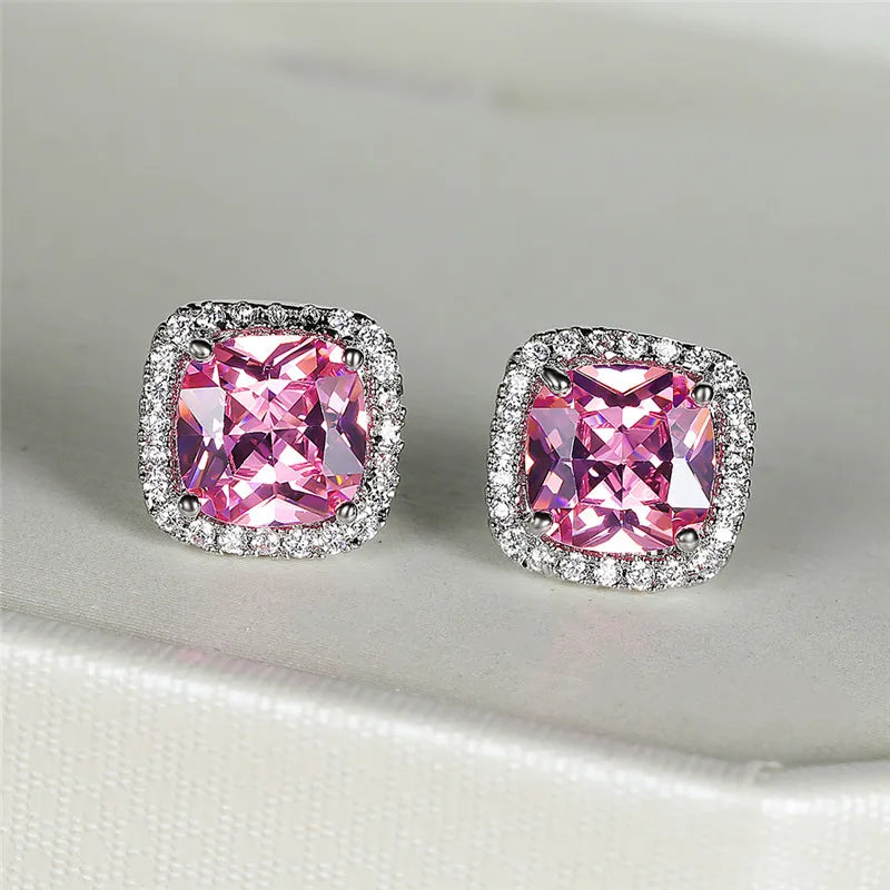 Cute Female's Jewelry Crystal Black Stone Earrings Charm Silver Color Stud Earrings Luxury Square Wedding Earrings For Women - She Vibess By C2P