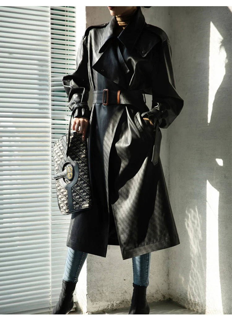 Lautaro Spring Autumn Oversized Cool Black Long Leather Trench Coat for Women Belt Long Sleeve Loose European Fashion 2021 2022 - She Vibess By C2P
