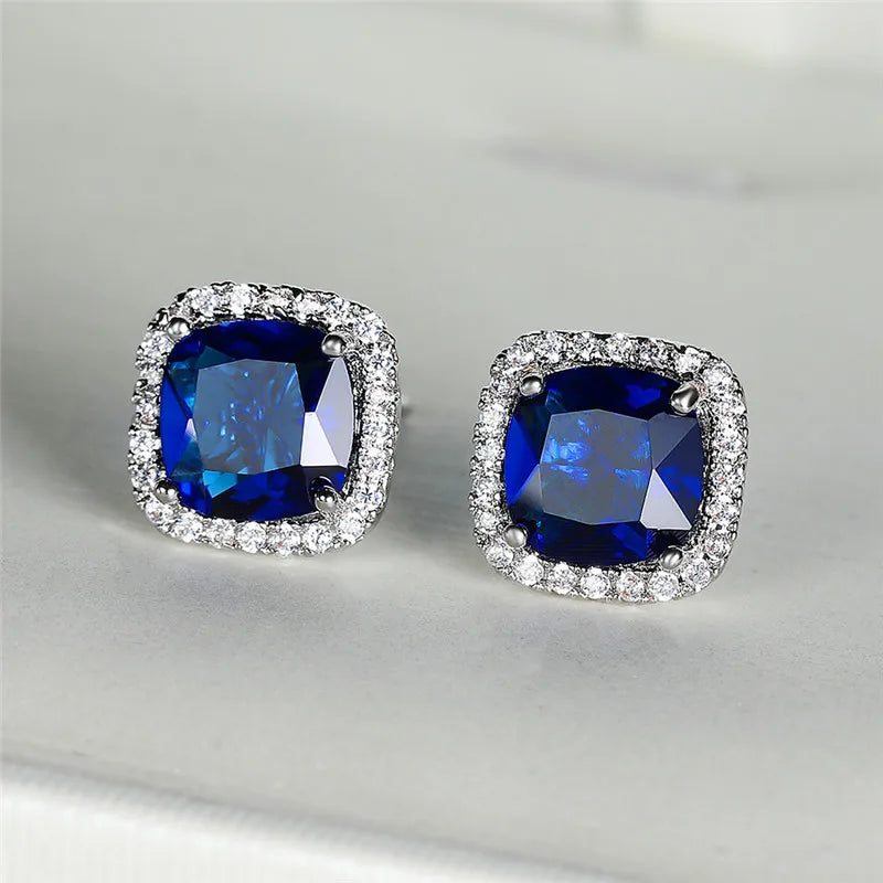 Cute Female's Jewelry Crystal Black Stone Earrings Charm Silver Color Stud Earrings Luxury Square Wedding Earrings For Women - She Vibess By C2P