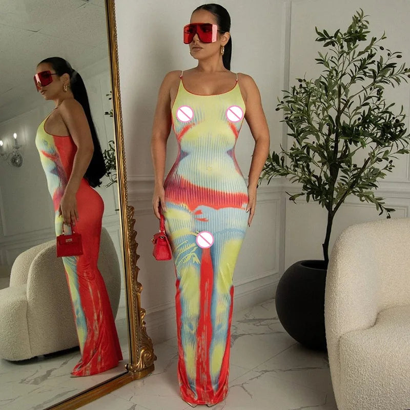 Wholesale Summer Sleeveless Backless Midi Dress Tie Dye Casual Bodycon Dresses Women
