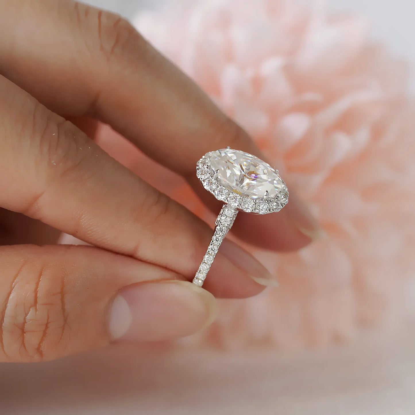 Moissanite Jewelry Ring 8X12mm 4.5 Carat Oval Cut 14K White Gold Halo Rings Engagement Wedding Gift for Woman - She Vibess By C2P