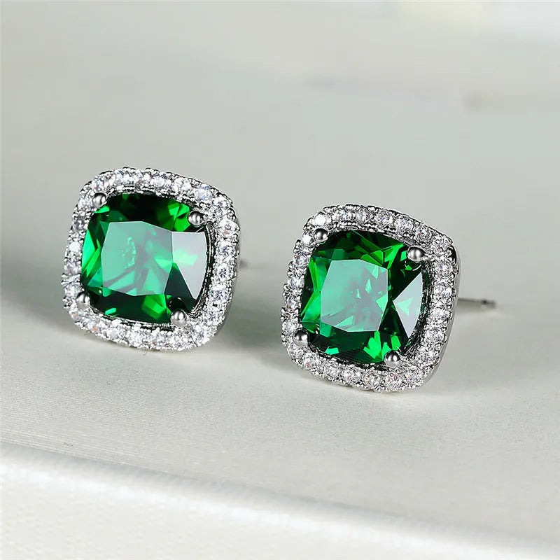 Cute Female's Jewelry Crystal Black Stone Earrings Charm Silver Color Stud Earrings Luxury Square Wedding Earrings For Women - She Vibess By C2P
