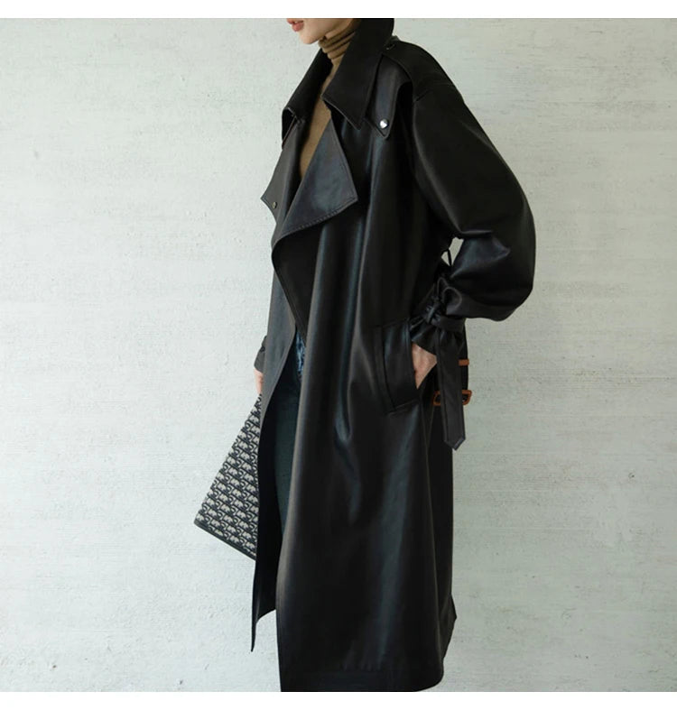 Lautaro Spring Autumn Oversized Cool Black Long Leather Trench Coat for Women Belt Long Sleeve Loose European Fashion 2021 2022 - She Vibess By C2P