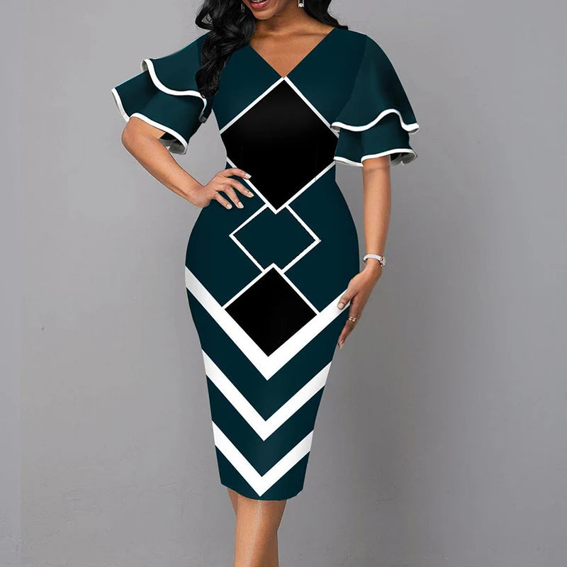 Elegant Women Dress 2021 Summer Fashion V Neck Short Sleeve Sexy Slim Dress Vintage Patchwork Casual Lady Party Dresses Vestido - She Vibess By C2P