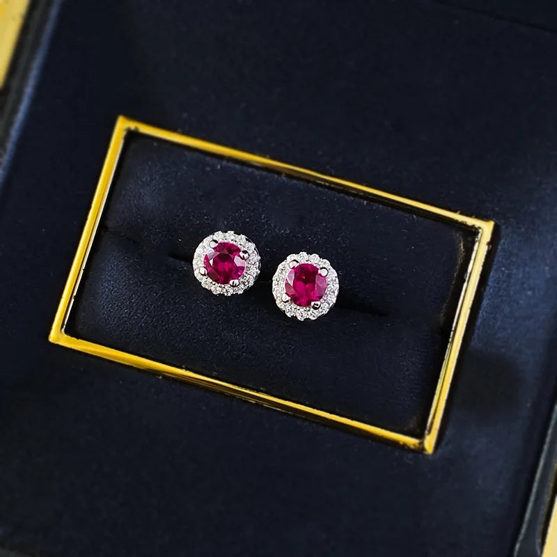 S925 Silver New 4.0mm Round Pigeon Blood Red Earrings Fashionable Commuting Versatile Single Item Wedding Jewelry - She Vibess By C2P