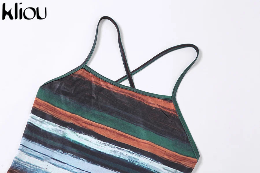 Kliou Panelled Striped Mini Dresses Aesthetic Women Sexy Skinny Slash Neck Camisole Backless Vintage Midnight Clubwear Outfits - She Vibess By C2P