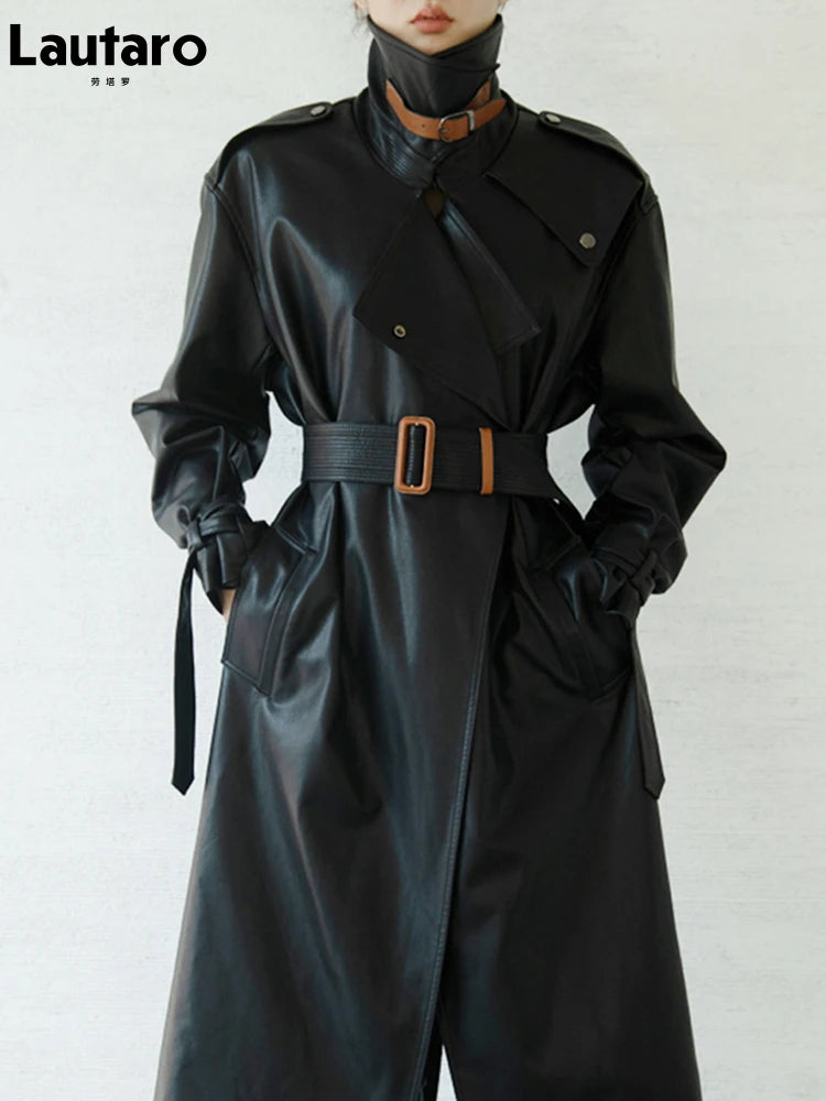 Lautaro Spring Autumn Oversized Cool Black Long Leather Trench Coat for Women Belt Long Sleeve Loose European Fashion 2021 2022 - She Vibess By C2P
