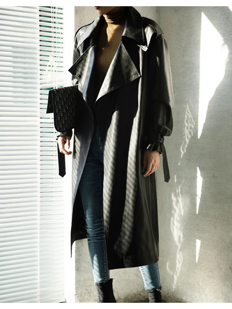 Lautaro Spring Autumn Oversized Cool Black Long Leather Trench Coat for Women Belt Long Sleeve Loose European Fashion 2021 2022 - She Vibess By C2P