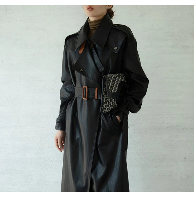 Lautaro Spring Autumn Oversized Cool Black Long Leather Trench Coat for Women Belt Long Sleeve Loose European Fashion 2021 2022 - She Vibess By C2P
