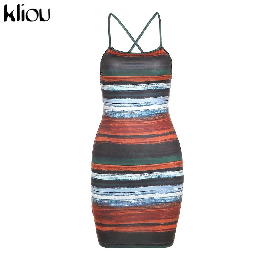 Kliou Panelled Striped Mini Dresses Aesthetic Women Sexy Skinny Slash Neck Camisole Backless Vintage Midnight Clubwear Outfits - She Vibess By C2P