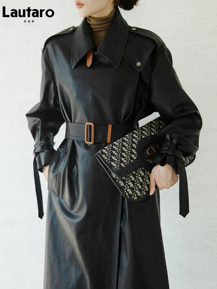 Lautaro Spring Autumn Oversized Cool Black Long Leather Trench Coat for Women Belt Long Sleeve Loose European Fashion 2021 2022 - She Vibess By C2P