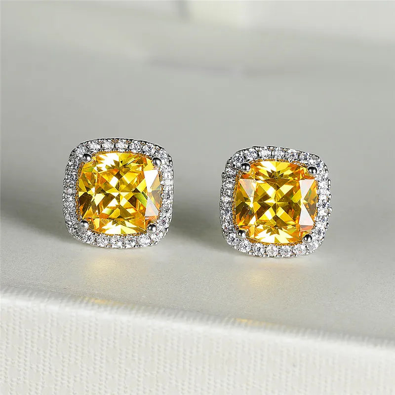 Cute Female's Jewelry Crystal Black Stone Earrings Charm Silver Color Stud Earrings Luxury Square Wedding Earrings For Women - She Vibess By C2P