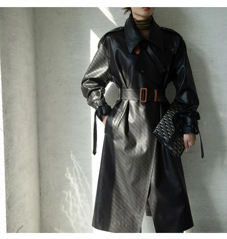 Lautaro Spring Autumn Oversized Cool Black Long Leather Trench Coat for Women Belt Long Sleeve Loose European Fashion 2021 2022 - She Vibess By C2P