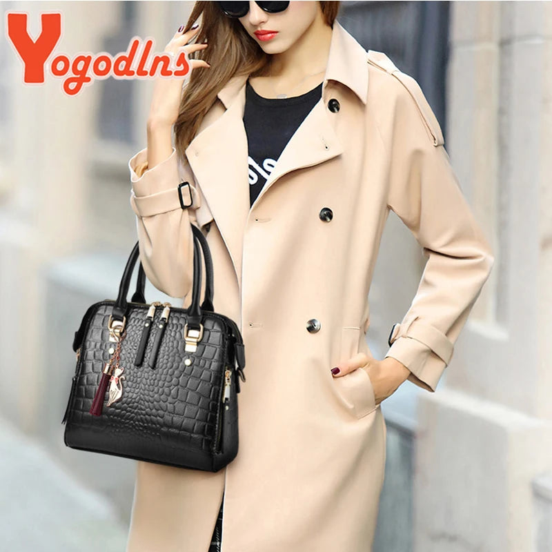 Yogodlns Luxury Crocodile Pattern Handbag Women Winter New PU Leather Tassel Shoulder Bag Brands Design Handle Bag Lady Purse - She Vibess By C2P