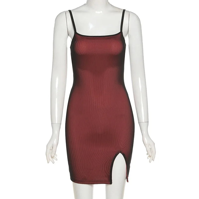 Mesh Double Layer Sexy Skinny Dress Women Sleeveless Party Bodycon 2023 Bandage Elastic Split Trend Clubwear Slim Outfit - She Vibess By C2P