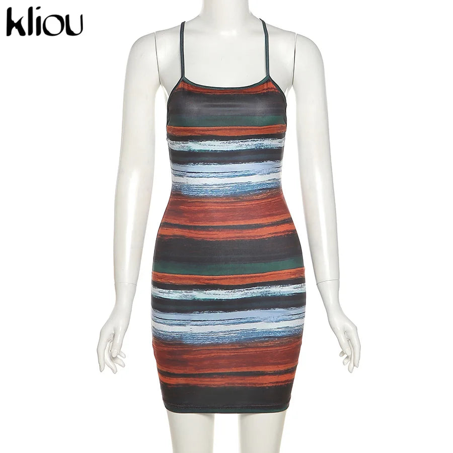 Kliou Panelled Striped Mini Dresses Aesthetic Women Sexy Skinny Slash Neck Camisole Backless Vintage Midnight Clubwear Outfits - She Vibess By C2P