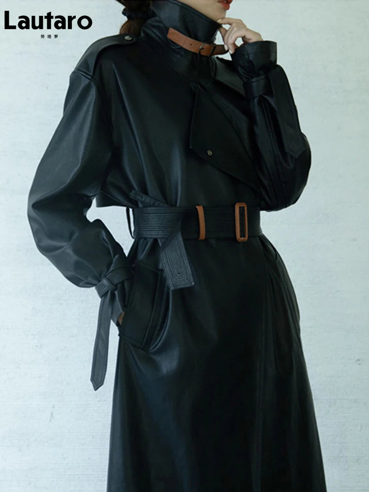 Lautaro Spring Autumn Oversized Cool Black Long Leather Trench Coat for Women Belt Long Sleeve Loose European Fashion 2021 2022 - She Vibess By C2P