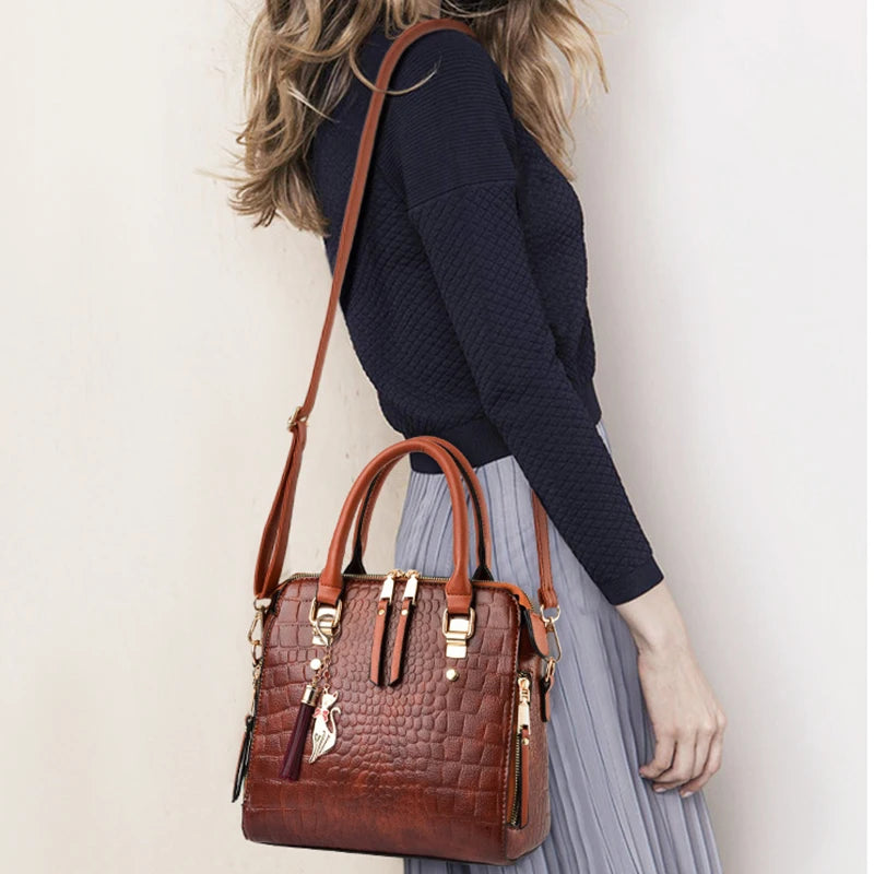 Yogodlns Luxury Crocodile Pattern Handbag Women Winter New PU Leather Tassel Shoulder Bag Brands Design Handle Bag Lady Purse - She Vibess By C2P