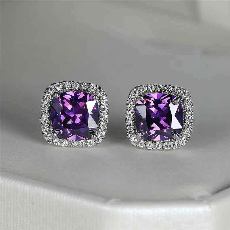 Cute Female's Jewelry Crystal Black Stone Earrings Charm Silver Color Stud Earrings Luxury Square Wedding Earrings For Women - She Vibess By C2P